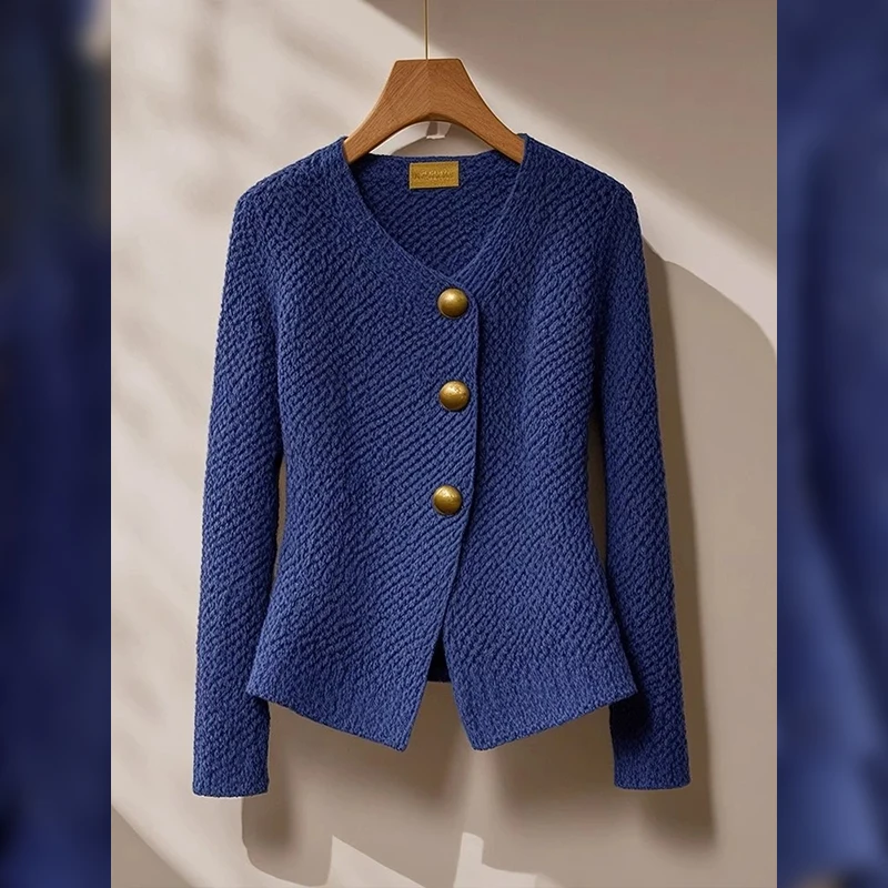 Autumn Winter Fashion Solid Chic Button Thick Knitter Cardigan Women's Clothing Elegant Wool Slim V-neck Blue Sweaters C61