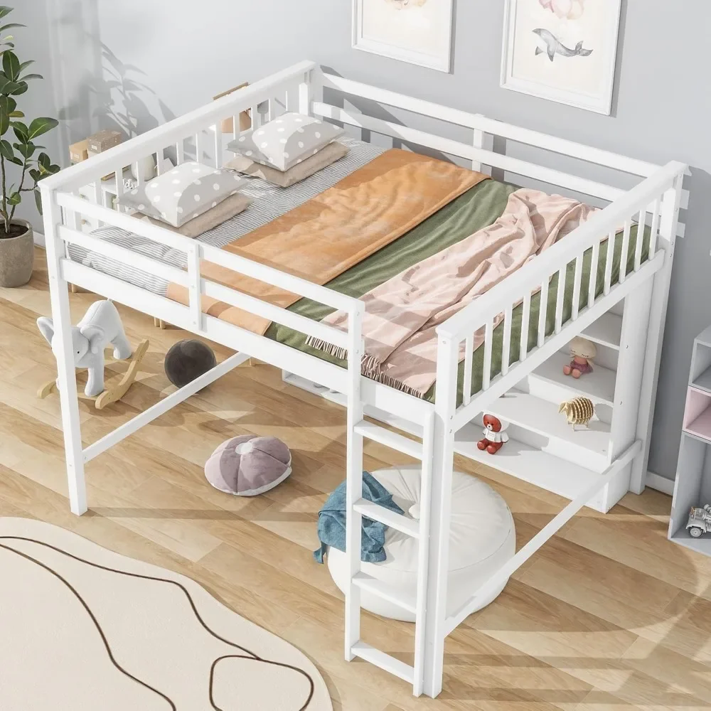 Solid Wood Loft Bed with Open Storage Shelves, Multi-Functional Lofts Beds Frame with Ladder, Full Size Loft Bed with Storage