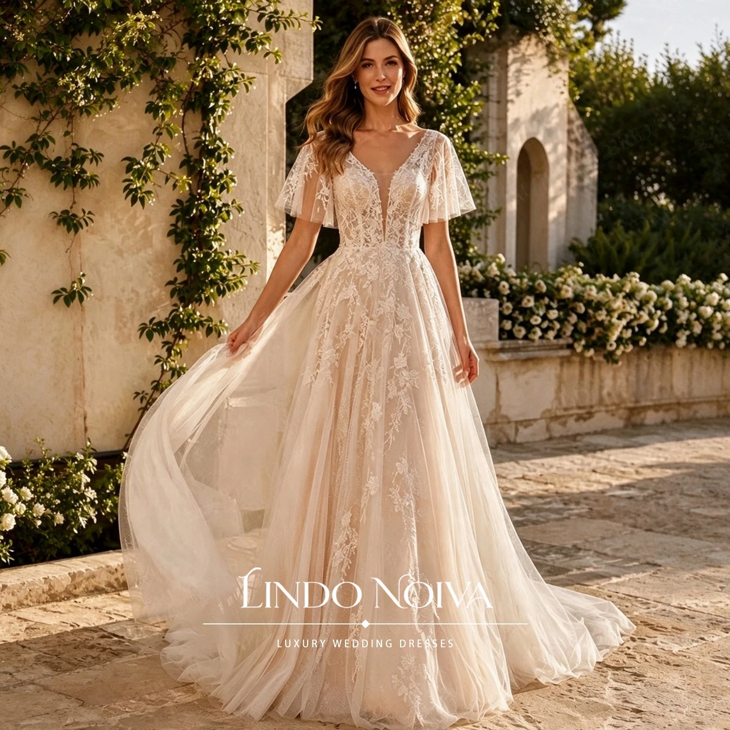 LINDO NOIVA Custom V Neck Lace Tulle A Line Wedding Dress Flutter Short Sleeves Boho Bridal Gown Sweep Train Romantic Vestidos