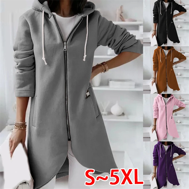 

Autumn and winter women's long sleeved cardigan hooded jacket casual zipper asymmetrical hem jacket solid color jacket