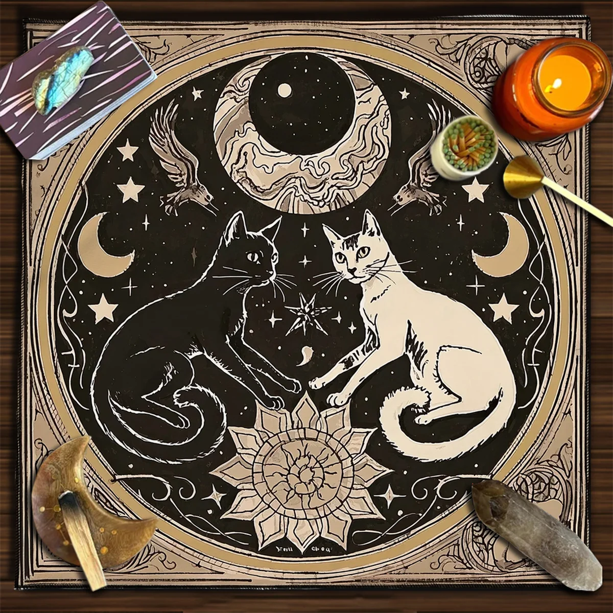 1 ud. Tapete de Altar de Gatos Místicos de la Luna con Cielo Estrellado Floral, Manta de Tarot para Adivinación, Decoración del Hogar para Brujas, Tapete de Tarot, Alfombrilla para Cartas de Juego