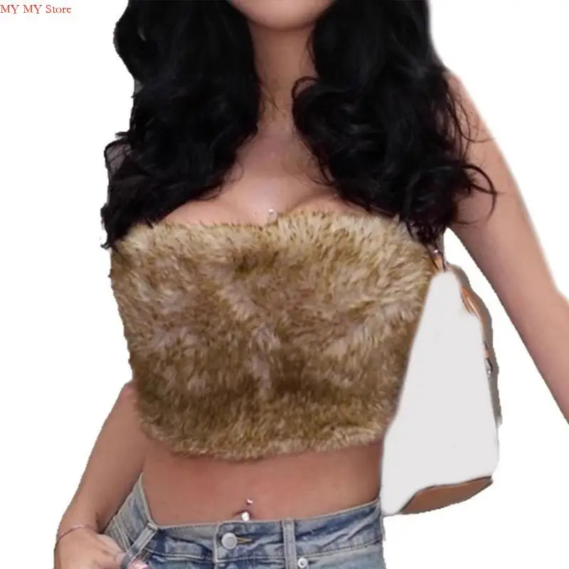 

Women Faux Fur Tube Top Crop Vest Furry Strapless Bandeau Shirt Camisole For Clubbing Party Outfit Soft Stretchy Fabric