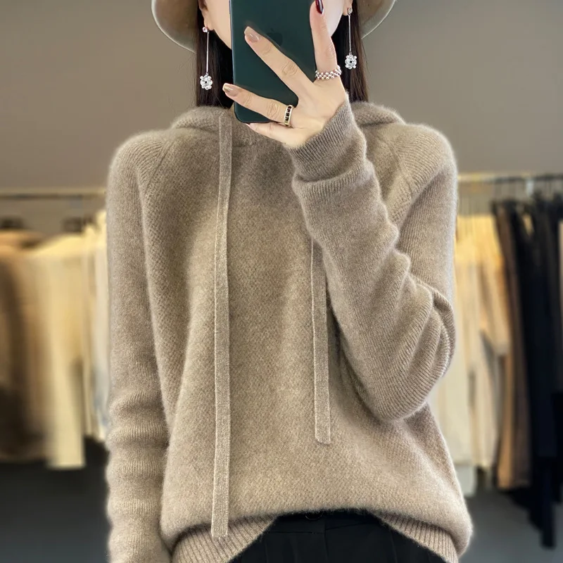 Wholesale 2024 autumn and winter new seven-needle thickened 100% Australian wool knitted hoodie pullover tops for women