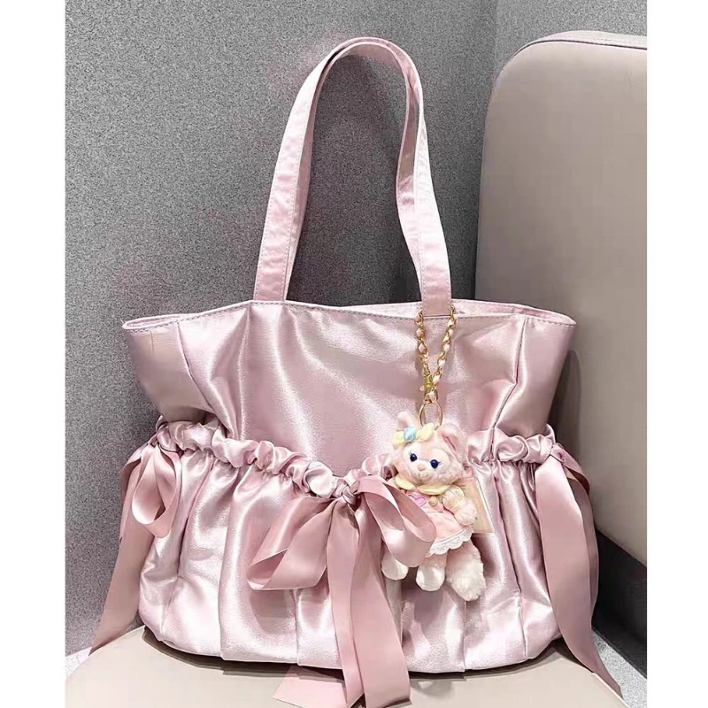 2024 New Satin Ballet Girl Style Ruffled Bowknot Shoulder Bag Large Capacity Bag Tote Bag Women  Purses and Handbags