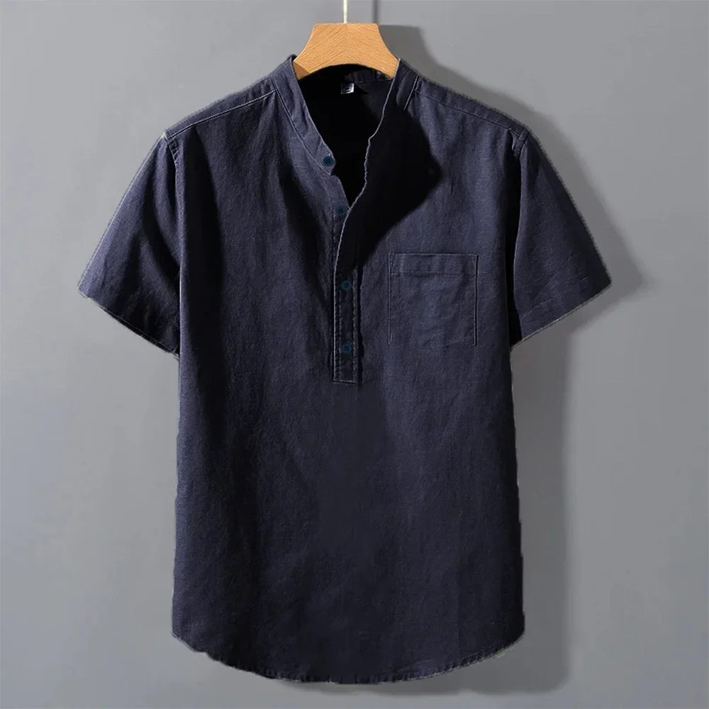 Men's Summer Solid Colour Short Sleeve Shirt Pocket Design Daily Casual Comfortable Breathable Cotton Linen Shirt Top