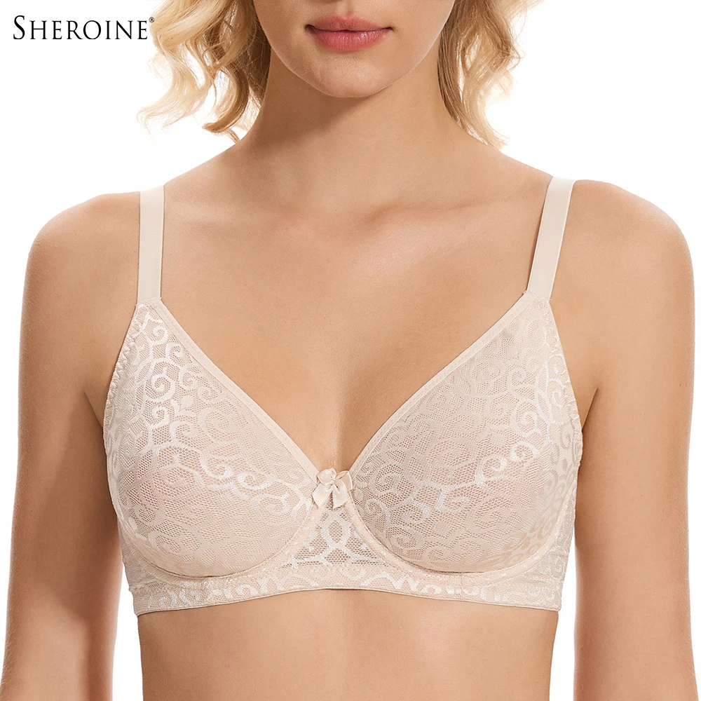 

Sheroine Plus Size Women Bra Push Up Sexy Lace Floral Mesh Full Coverage Underwire Ultra-thin Brassiere for Big Breast Support