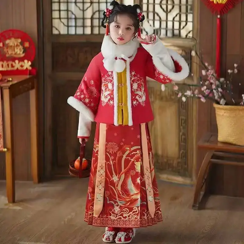 

Chinese Hanfu Girls' Winter Imitation Ming Dynasty Horse Face Skirt Set