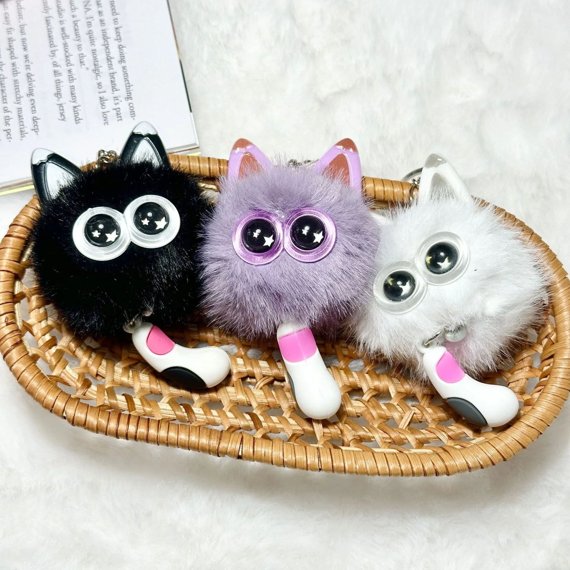 Creative Cartoon Cute Plush Ball Keyring Charm Kawaii Cat With Tail Soft Fluffy Ball Backpack Decor Car Keyring Gift For Couples
