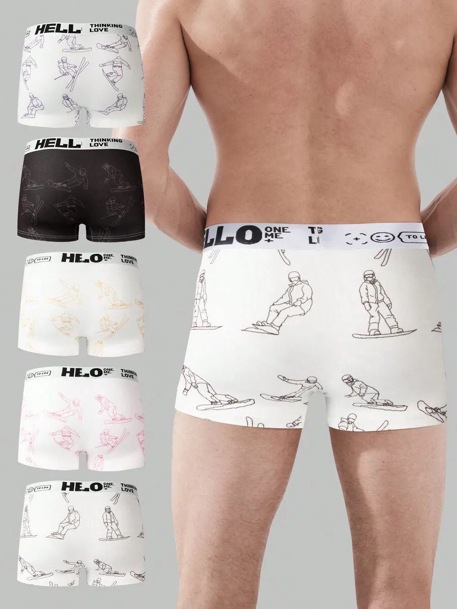 

5 Pcs Mens Skiing Pattern Printed Boxer Shorts