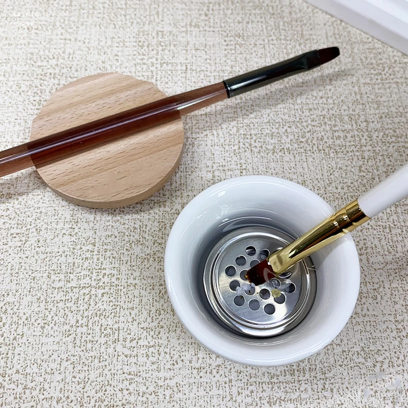 Spazzole per unghie Tazza per lavaggio Ceramica Detergente per spazzole per unghie Piatto Dappen con coperchio in legno Strumento per unghie con tazza per filtro a rete in acciaio inossidabile