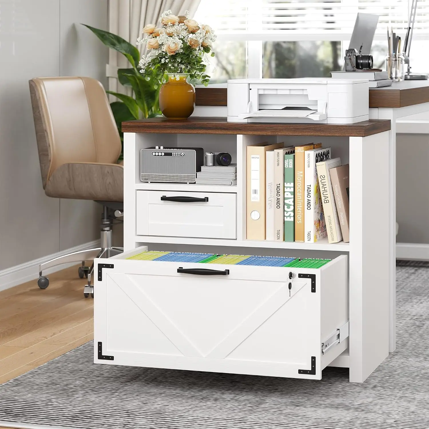 Wood File Cabinet Lockable 2 Drawers & Open Shelves, Home Office Storage, White, Customized