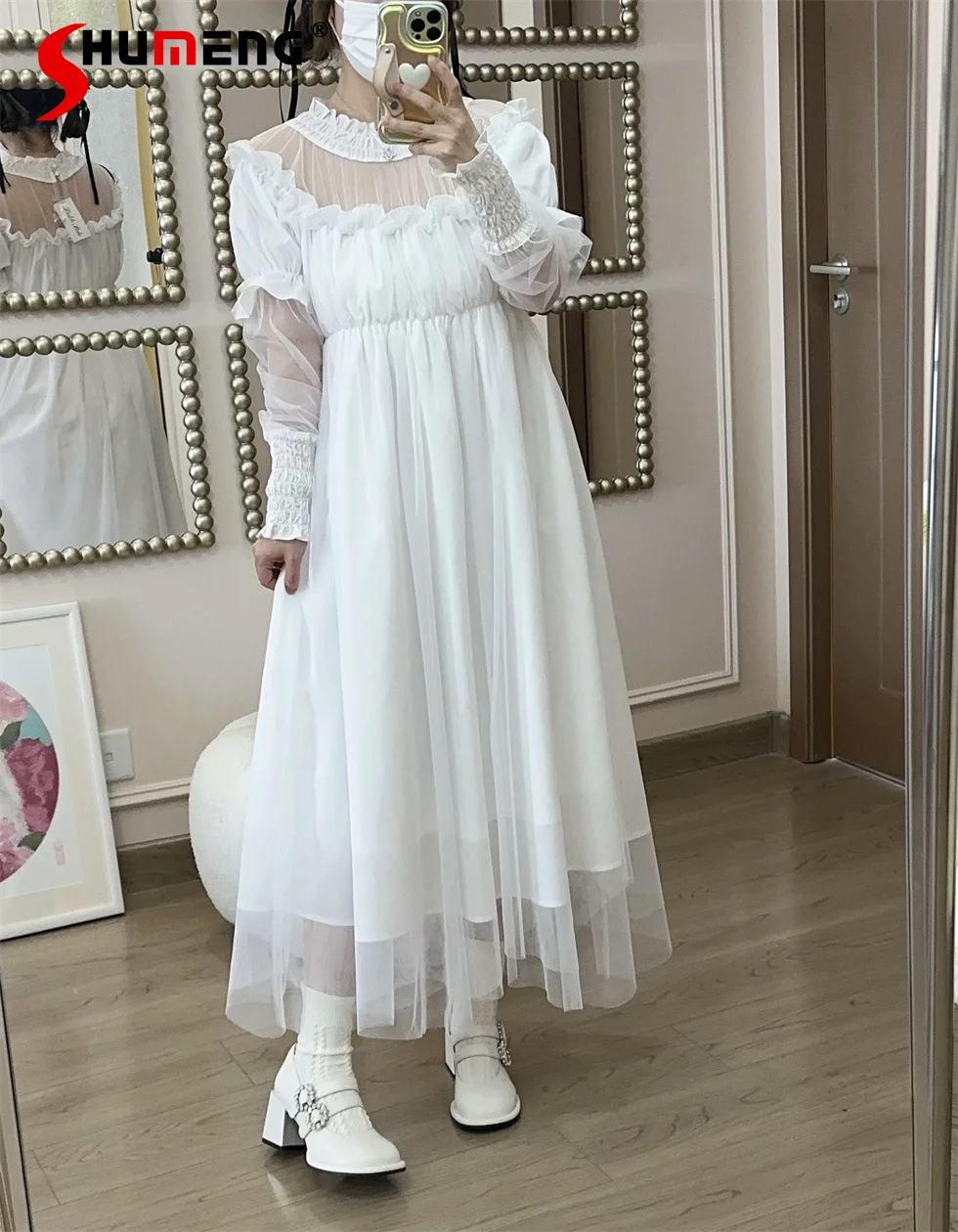 Cute Girl's Mesh Semi-Transparent Dress 2024 Spring New Japanese Ladies Sweet Long Sleeve Pure Color Dresses Vestidos De Mujer