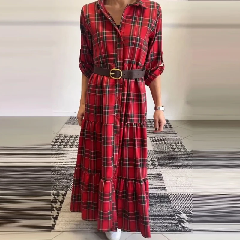 2025 Spring Summer Plaid Printed Commuter Dress for Women Lapel Long Sleeve Shirt Dress Casual Single Breasted Loose Maxi Dress