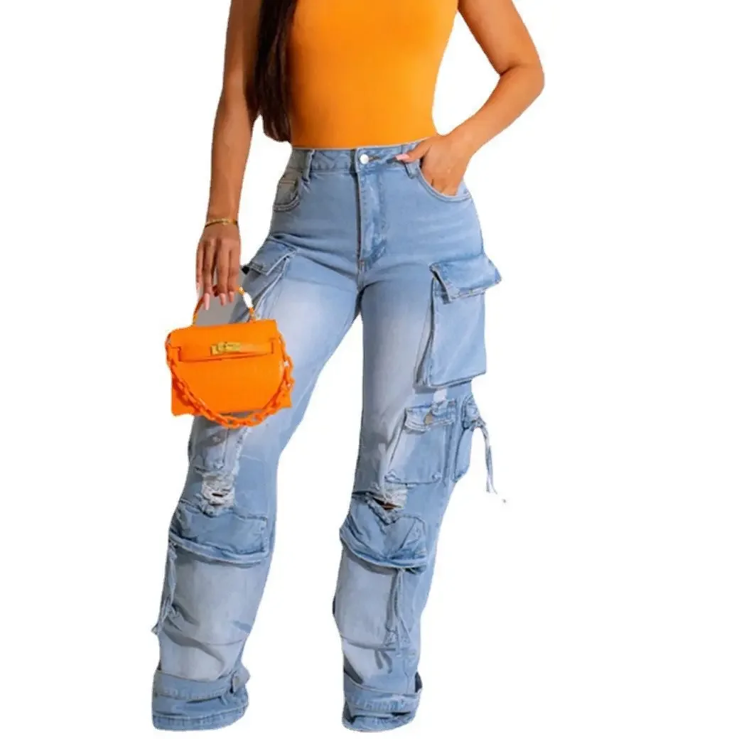 Estilo safári feminino rasgado calças jeans, jeans cargo, calças com cordão, elástico na cintura, multi bolsos, moda, 2023