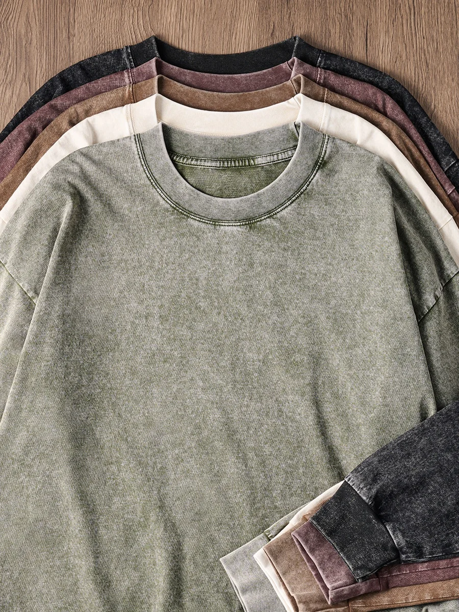 

Vintage Men's Long Sleeved T-shirt Washed Loose Men's Autumn Pullover Outfit Unisex Pure Cotton 230g High Street Trendy T-shirt