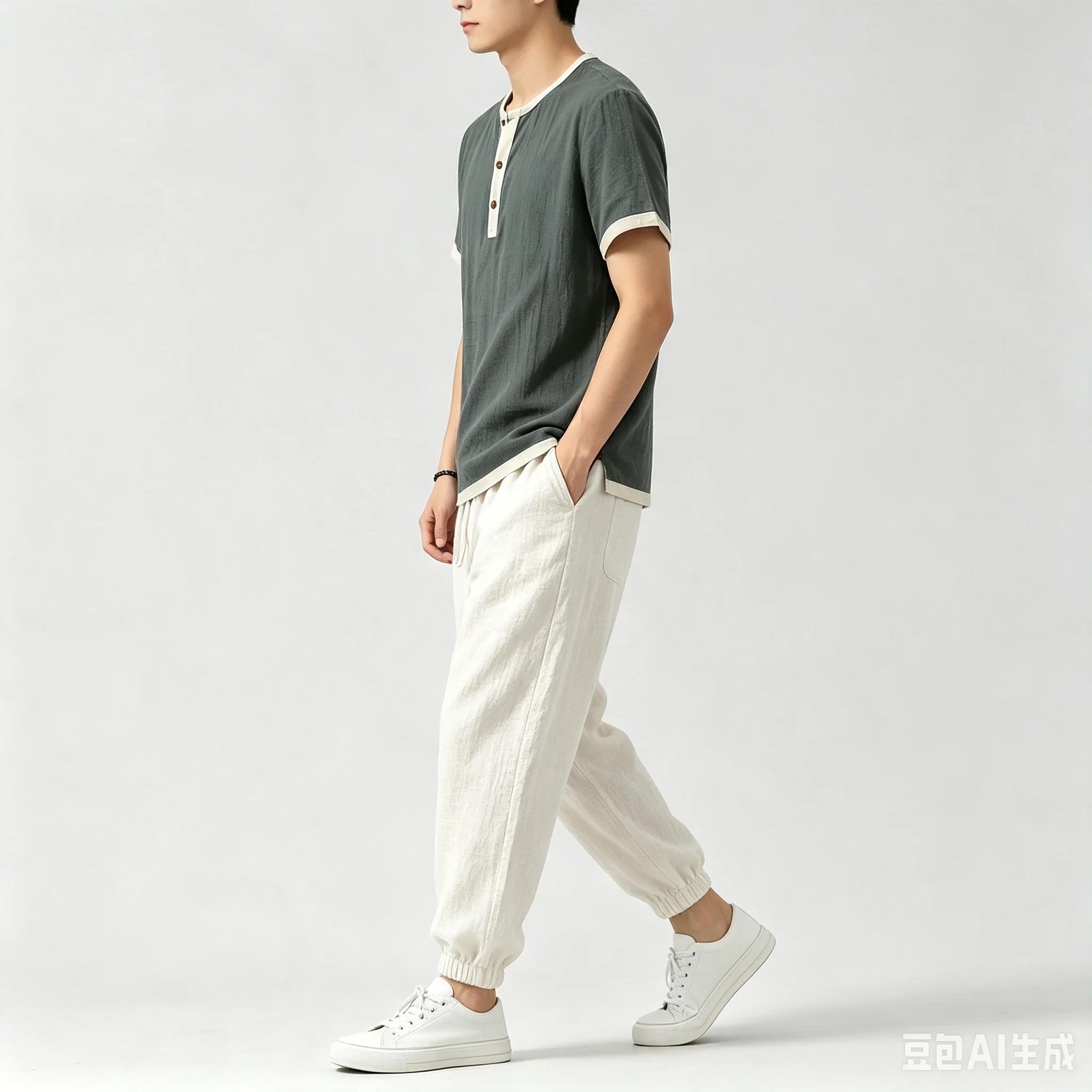 Herren 2-teiliges Freizeitset, einfarbig, Kurzarmhemd mit Knöpfen und lange Hose, Sommer-Outfit, Streetwear-Trainingsanzug – Detail 2