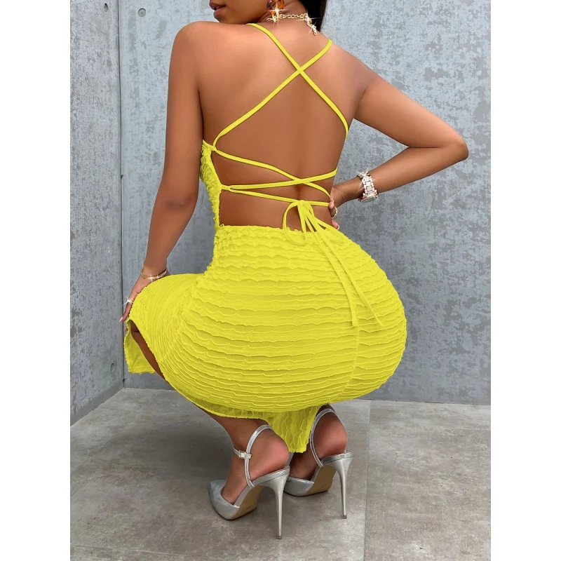 SHAN-24Summer Fashion Sexy Style Women's Clothing Independent Station New Solid Color Collar Sling Backless Dress