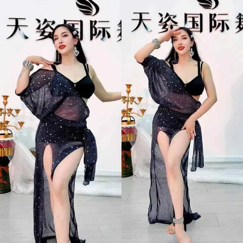 Aangepaste buikdans oefenjurk Baladi Folk Robe Micro Transparant Sexy Pure Desire Wind Star Internet Rode sprankelende zijde