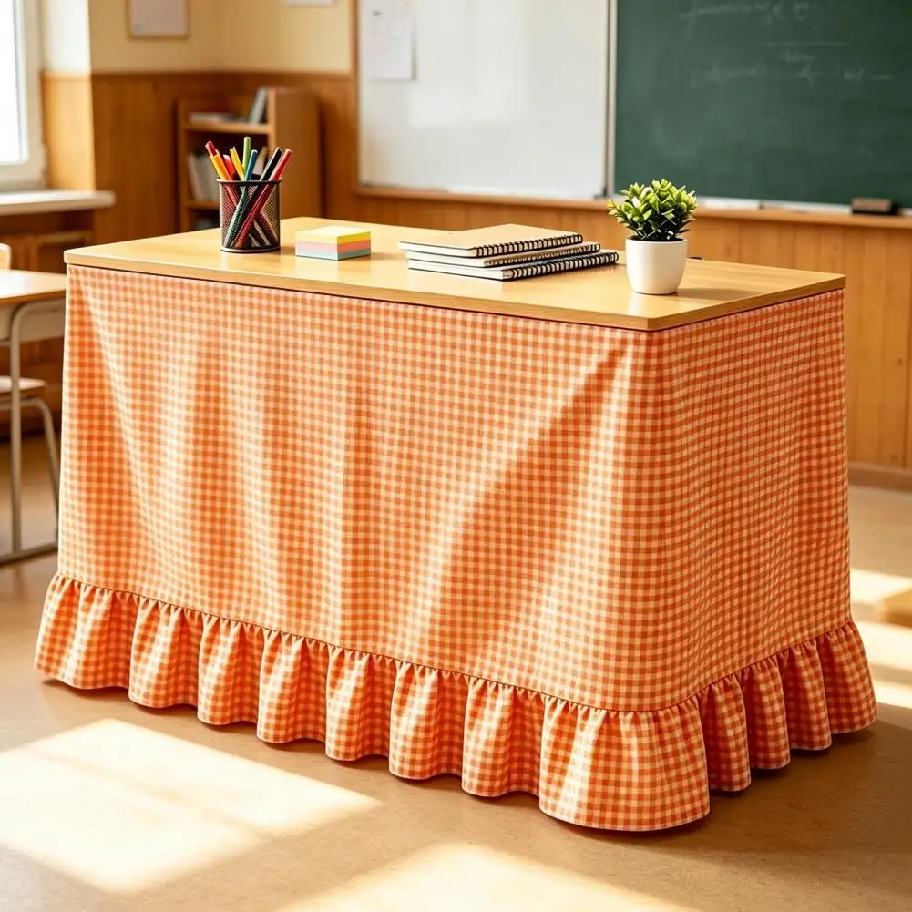 Classroom Desk Cover Durable Table Protector Gingham Table Skirt Cottagecore Teacher Desk Skirt Plaid Tablecloth for Birthday