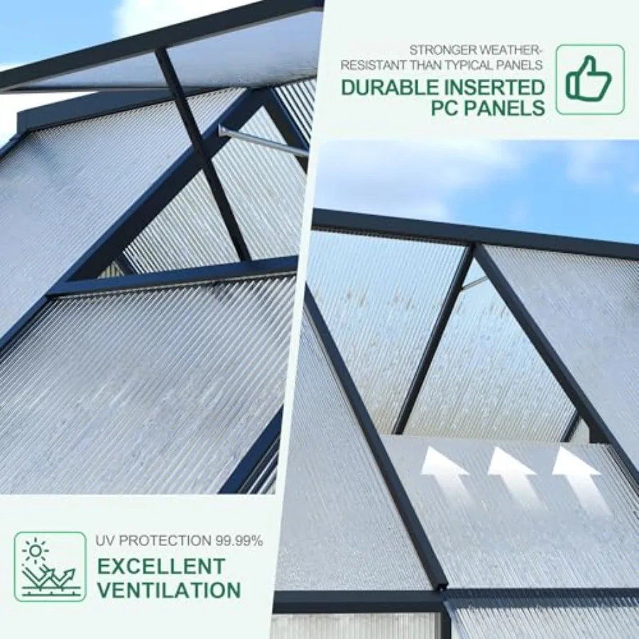 Outdoor aluminum walk-in house with polycarbonate walls, roof vent, lockable door, and gray finish for garden or backyard use