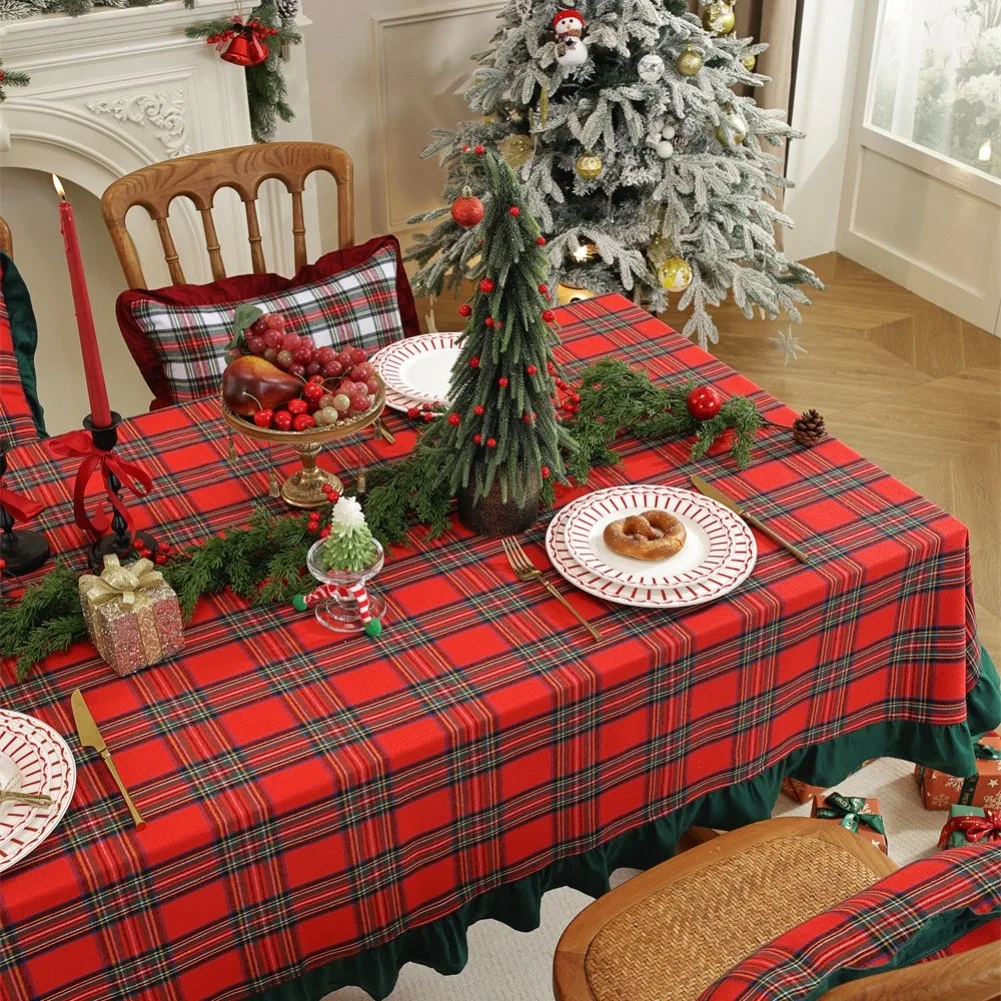 Classic Tartan Tablecloth with Flared Ruffle Trim for Seasonal Table Decoration Polyester Cotton Blend Wrinkle Resistant