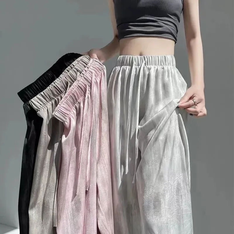 Women'S Summer Ice Silk Open-Crotch Pants Loose Straight Vertical Casual Acetate Satin Tie Dye Wide Leg Pants Soft For Women