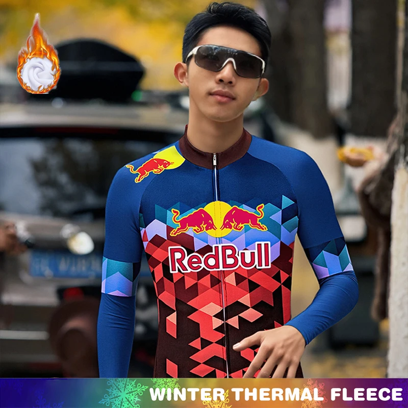 

Winter Thermal Fleece Cycling Jersey RED BULL Bike Man Outfit Men Men's Triathlon Jackets Uniform Set Bib Clothing Mtb Termal