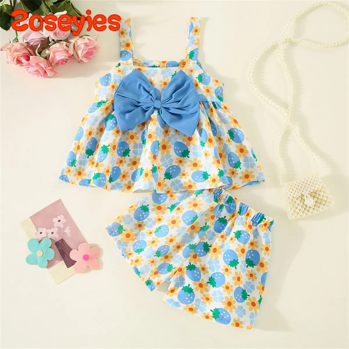 2 Pieces/Set 2023 Summer Children'S Wear New Flower Strawberry Print Bow Decorative Strap Top+Shorts Korean Set