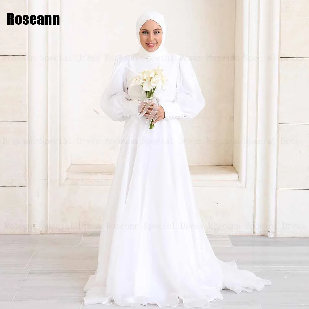 Muslim High Collar A-line Wedding Dresses Button 2024 New Brush Train Full Draped Pleat Floor Length Bride Dress robe de mariée