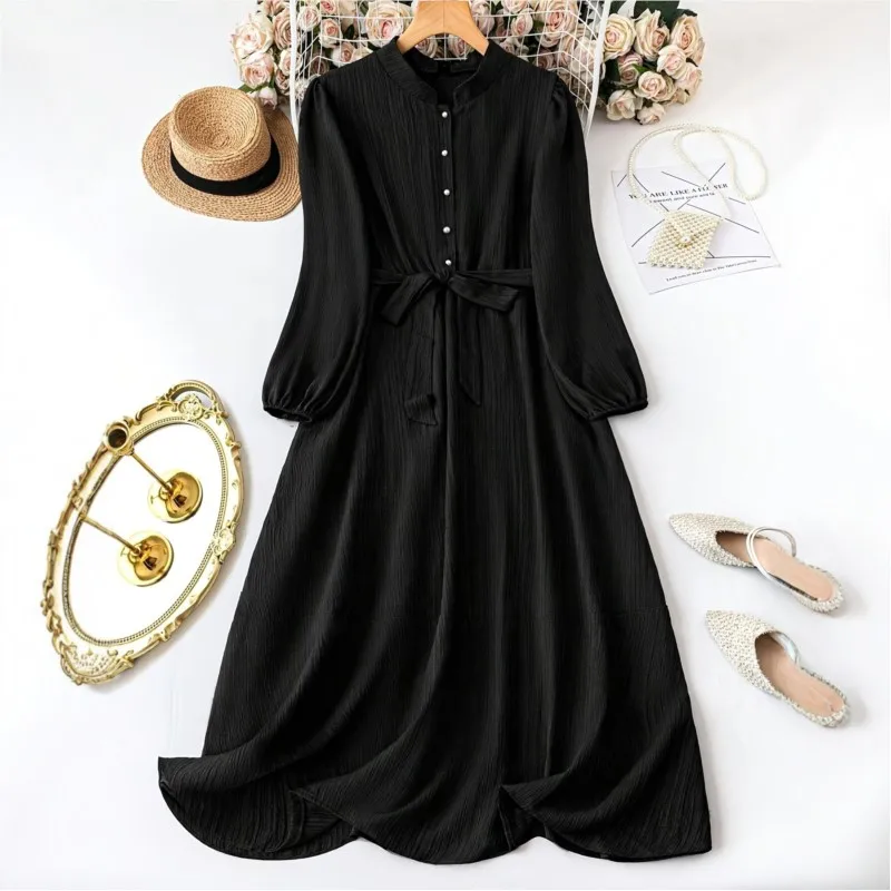 ボヘミアン風 レディース マキシ丈ワンピース 2025年新作 ブラック レースアップ ウエストマーク ロングスリーブ 上品でファッショナブルなプロムドレス 女性用 ローブ