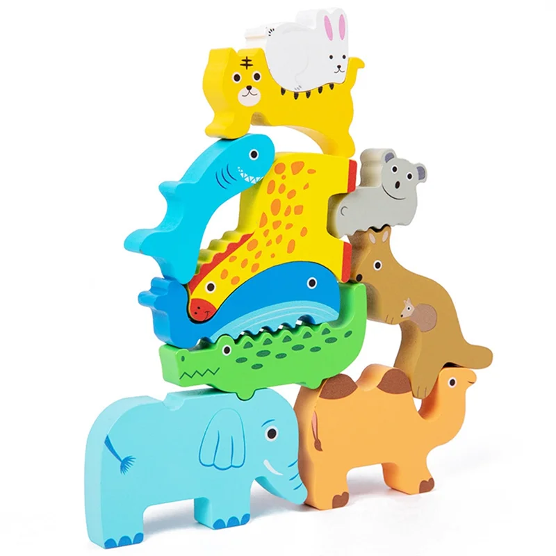 A19Q-Boys Girls Wooden Animal Blocks Stacking Toy Kids Birthday For Boy Girl Age 2-6 Educational Toys Fine Motor Balance Game