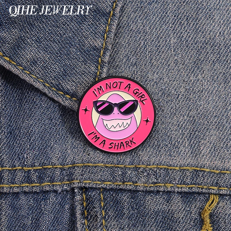 I'm Not A Girl I'm A Shark Enamel Pins Cartoon Animated Movies Sunglasses Shark Brooches Lapel Badges Jewelry Gift for Friends