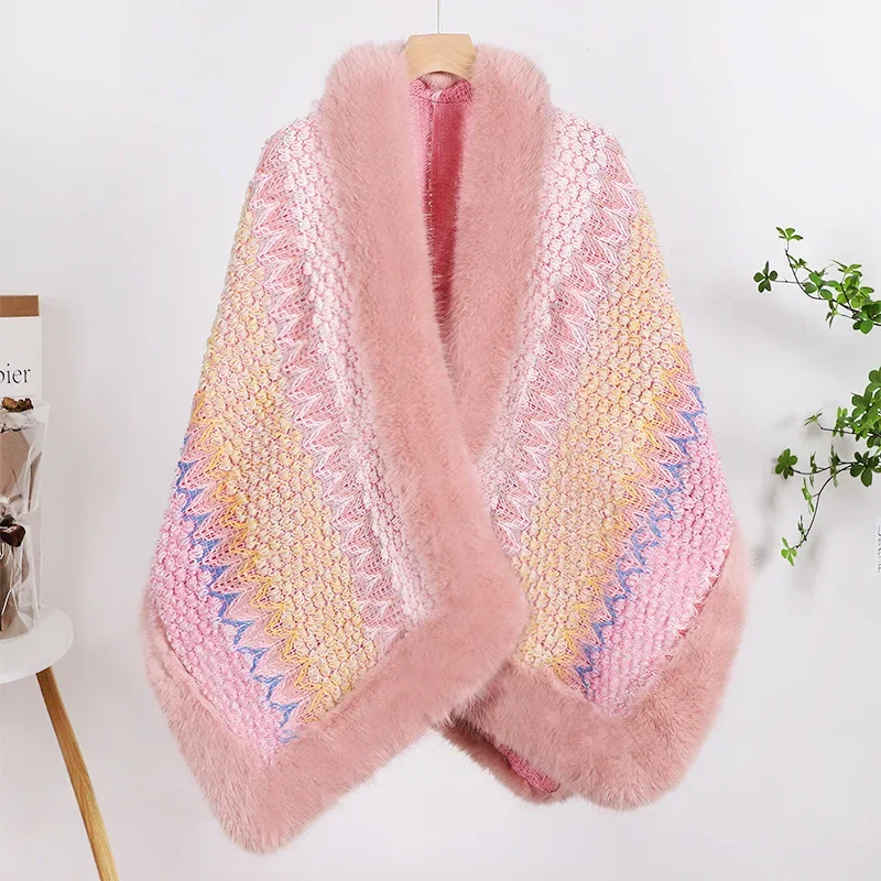 2026 Winter Faux Cashmere Poncho Loose-fitting Streetwear Women Long Sleeve Shawl Capes with Fur Female Knitted Scarf