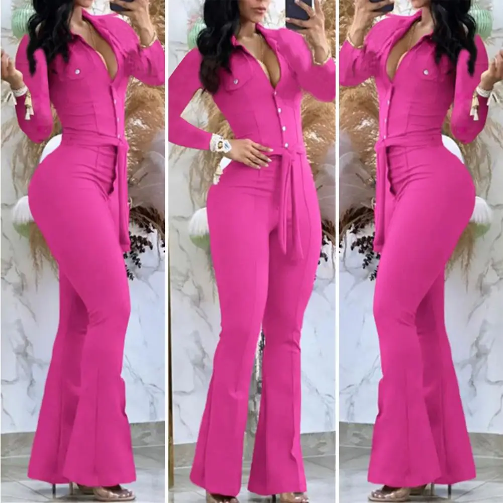 Lady Spring Jumpsuit Women Jumpsuit Elegant Women's High Waist Jumpsuit Flared Cuff Slim Fit Belted Solid Color for Fall Spring