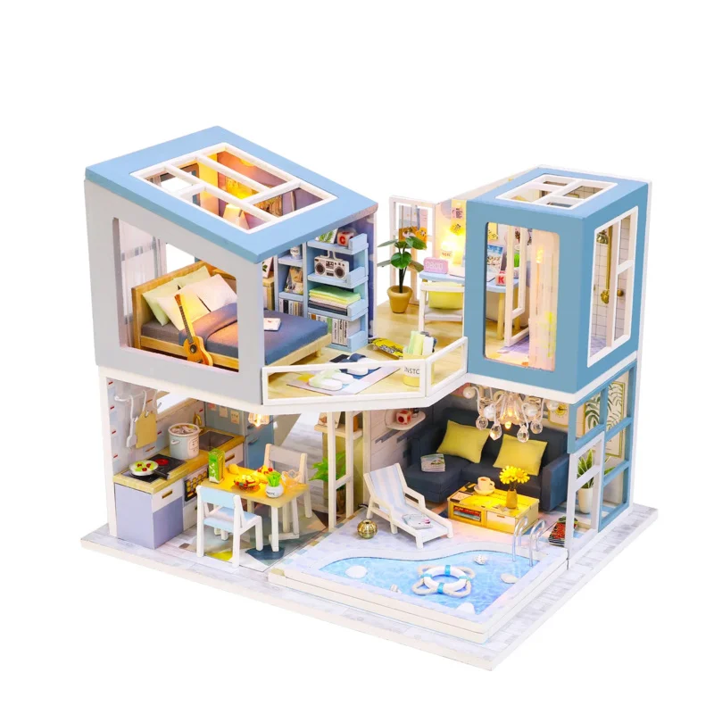 

TEMIKIDS Baby House Kit Mini DIY Handmade 3D Puzzle Assembly Building Villa Model Toys, Home Decoration With Furniture Wooden P5