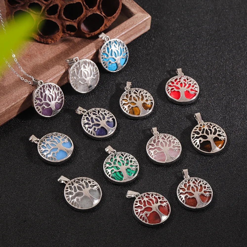 Natural Crystal Tree of Life Healing Crystals Pendant Rose Quartz Sodalite Aventurine Hollowed Round Shape Chakra Pendants Gift