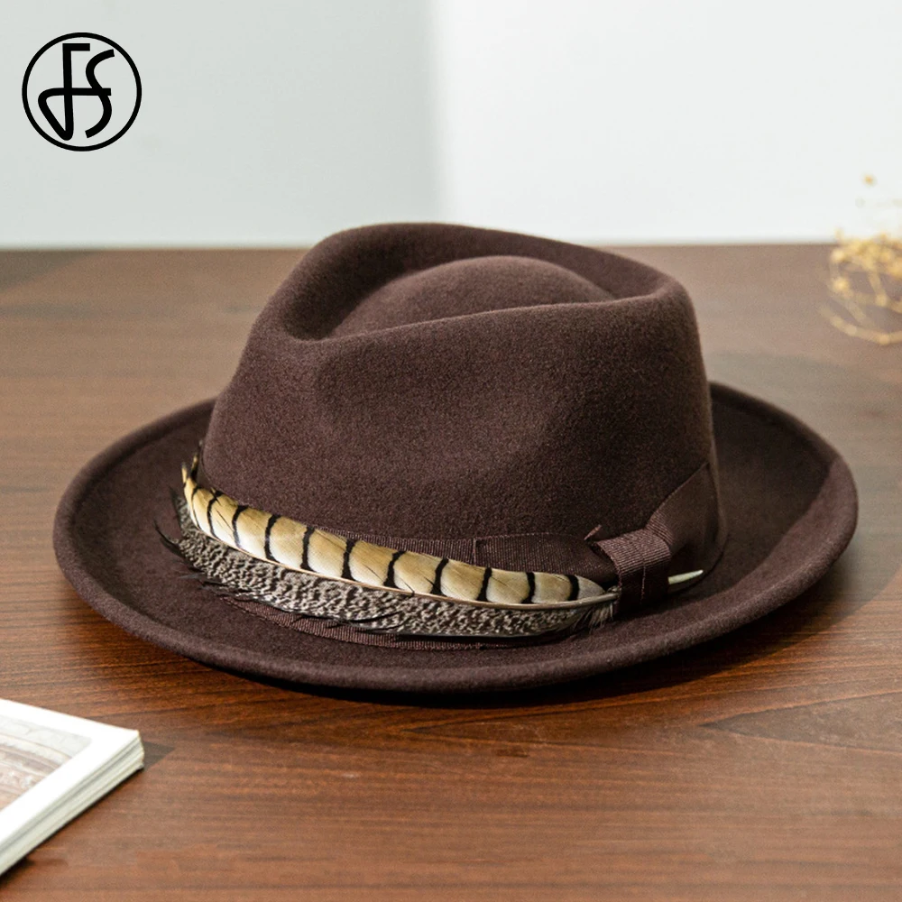 FS Vintage Wool Felt Fedoras Black Cowboy Hats For Men Feather Beige Jazz Panama Hat Coffee Gentleman Gangster Cap Winter