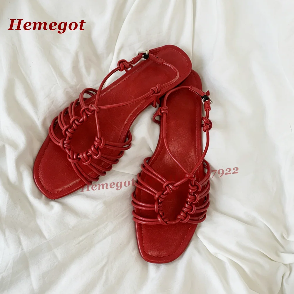 Red Knotted Strappy Flat Sandals Open Toe Slingback Casual Summer Shoes Adjustable Ankle Buckle Women's Sandals Elegant Concise