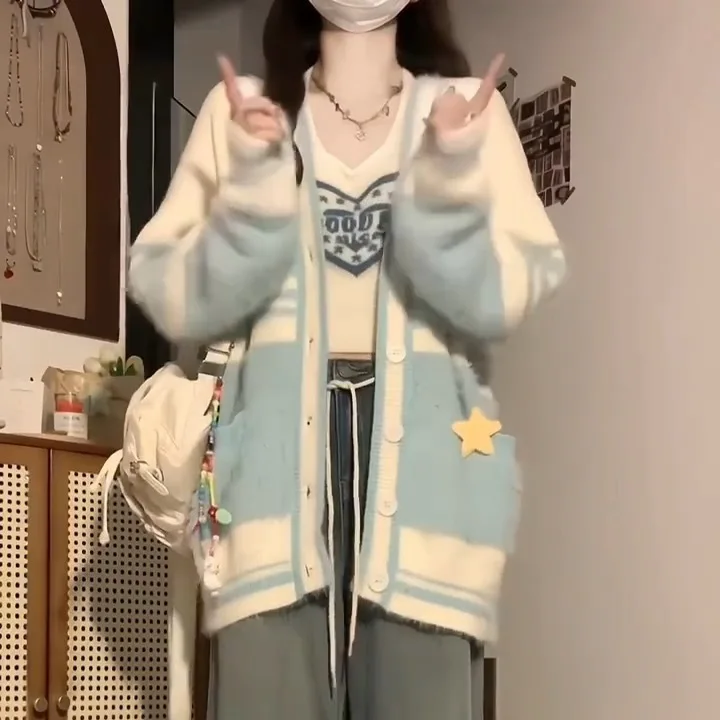 

Japanese Women's Long Sleeved V-Neck Sweater Jacket Spring Autumn Girl Students Striped Knitted Cardigan Kawaii Jk Sweaters Coat