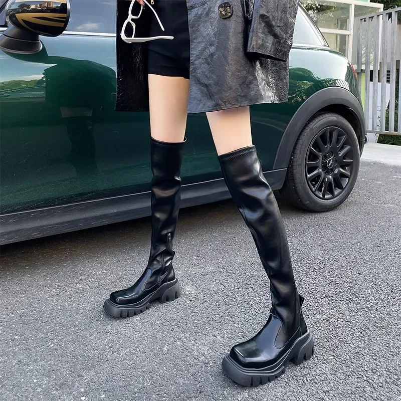 Sexy Black Leather Thigh High Boots Women Over The Knee Boot Square Toe Zipp Thick Sole Shoes Botas Mujer