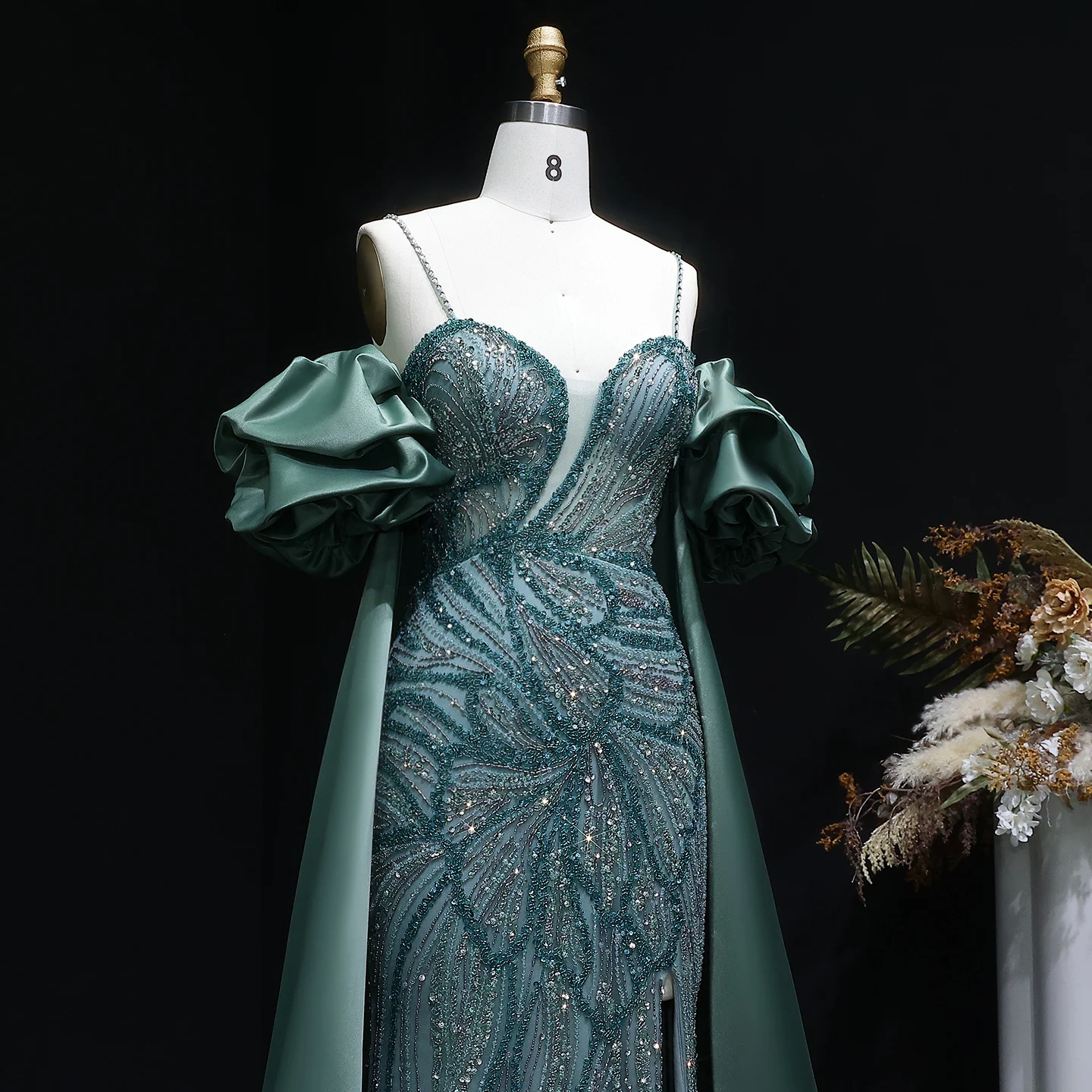 Sharon Said Elegantes Grünes Meerjungfrauenkleid mit Perlenstickerei, Schulterfrei, mit Satinumhang, Damen-Partykleid, SS157, Anpassbar – Detail 6