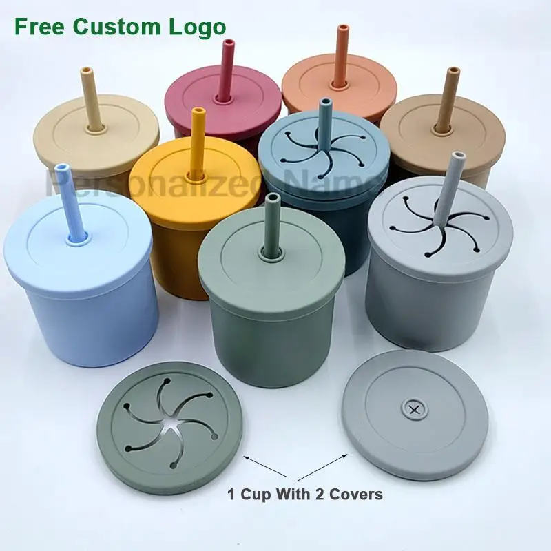 

Free Personalized Name Silicone Cap 2 in 1 baby Trainer Cup Bottle and Snack Container Suitable 2 Different Lids Leak Proof Cup