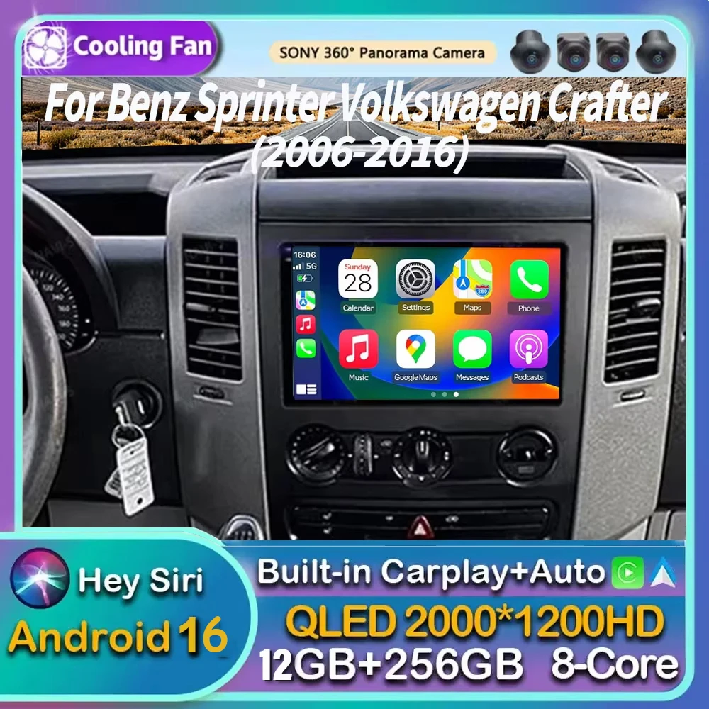 Android 16 QLED For VW Crafter For Mercedes Benz Sprinter 2006- 2016 Car Radio Android CarPlay+auto 4G+WIFI GPS Navigation DSP