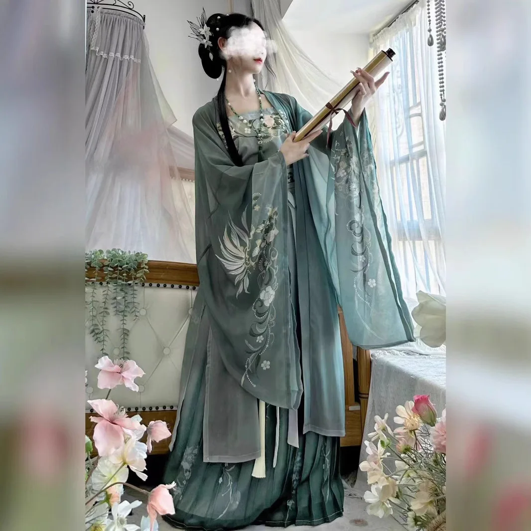 هان الملابس أغنية المرأة النمط الصيني التقليدي المطبوعة الخصر مطوي تنورة تنفس الربيع والخريف