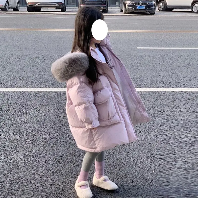 White Duck Down Jacket For Girls Winter Fur Collar Parkas Snowsuit Hooded Long Kids Coat 5-14 Year Children's Clothing