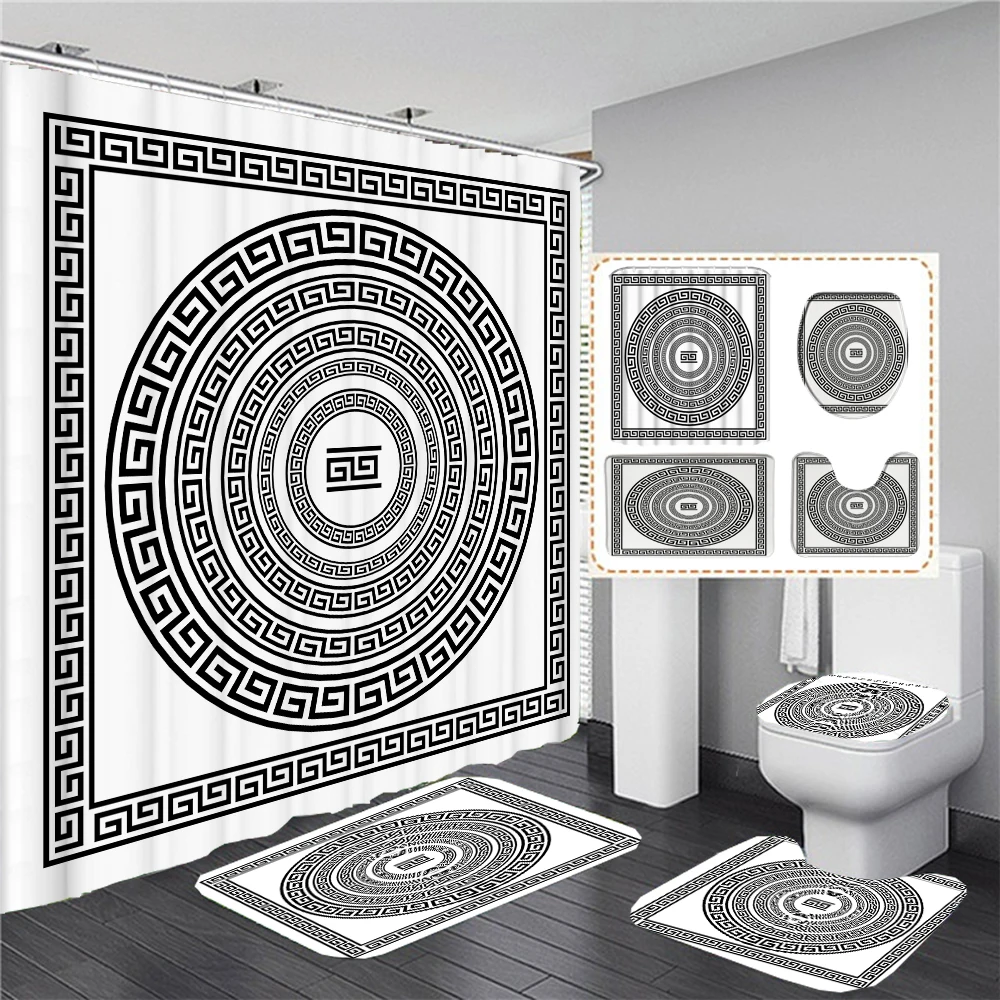 Ethnic Greek style Shower Curtains Waterpoof Bathroom Curtain Traditional Meander Border Bath Curtain Set Bath Mats Rug Decor