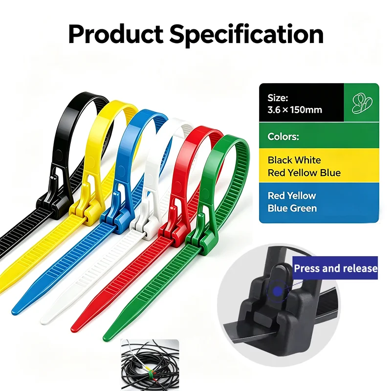 Mixed Black White Nylon Cable Ties 3.6x150mm Lock Loop Reusable Removable Office Wire Management Organizer