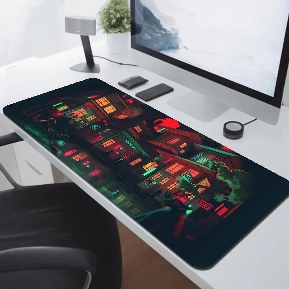 Retro Vaporwave Mousepad Neon Tokyo Street Pixel Art Purple Japanese Anime Skyline city Desk Mat XXL Gaming Mouse Pad Multip