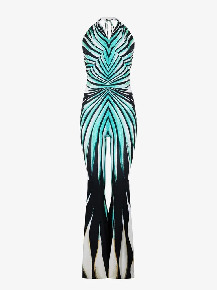 Ahagaga Fashion Printed Women Jumpsuits Halter Bandage Hollow Out Striped Skinny Flare Pants Sexy Streetwear Rompers Female