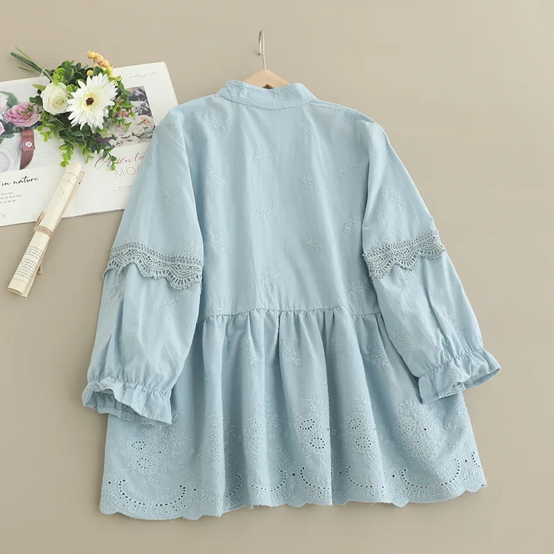 Spring Sweet Mori Girl Japan Style Hollow Out Embroidered Shirt Women Stand Collar Long Sleeve Solid Color Casual Tops Blusas